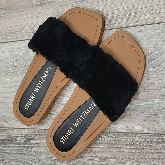 Stuart Weitzman Size 5 1/2 Black Shearling Cammy Slide Sandal NEW - Picture 1 of 5